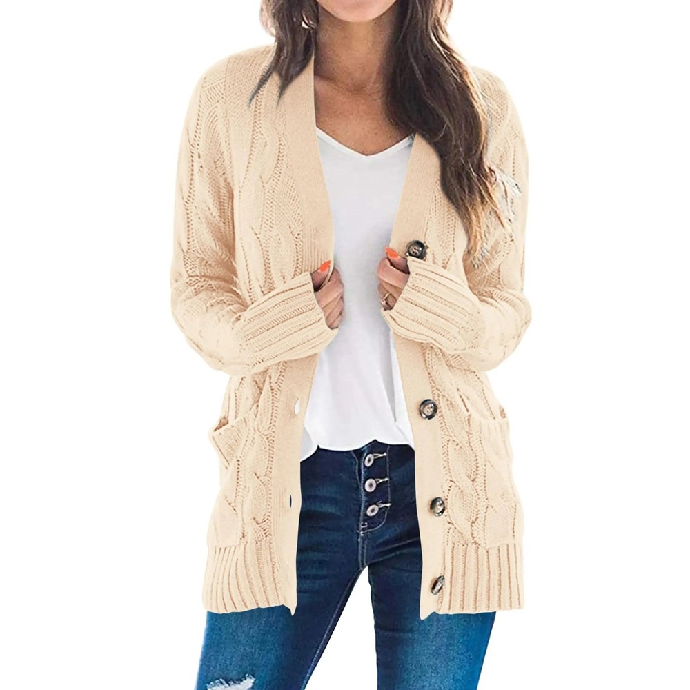 Prettygarden Cable Knit Cardigan Sweater L Cream Ivory Chunky Button Pocket